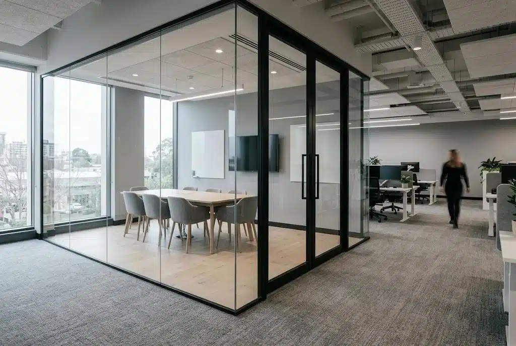 Double glazed aluminium doors dividing a meeting room in a Smeaton Grange office