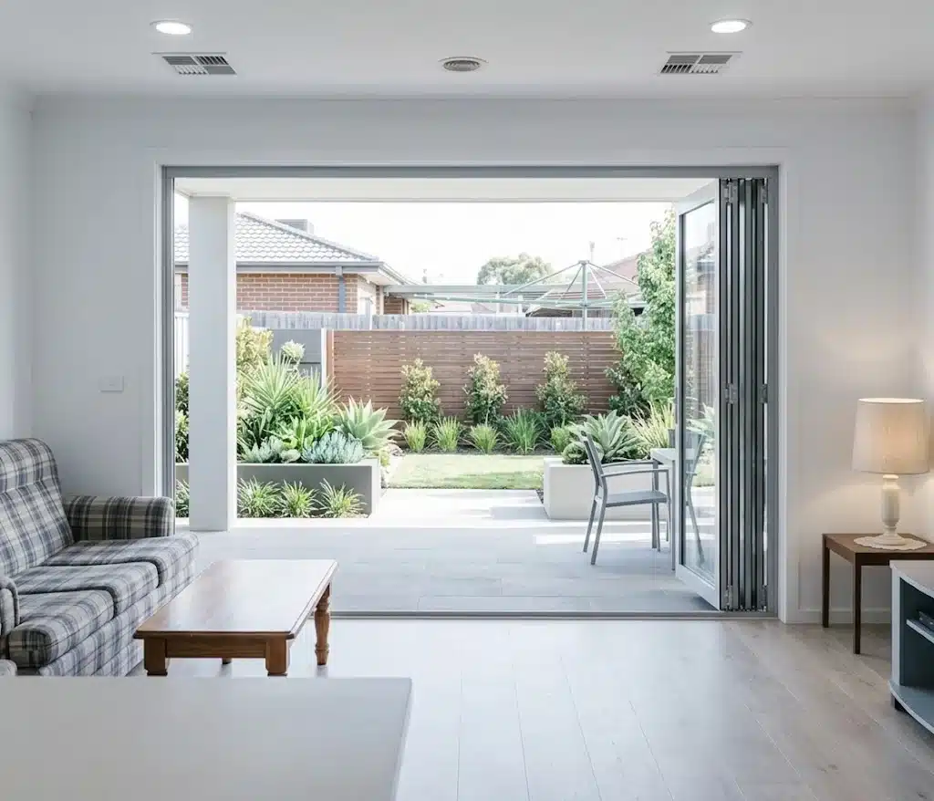 Miranda 1 Same living area after a four panel aluminium stacking door opened the rear wall