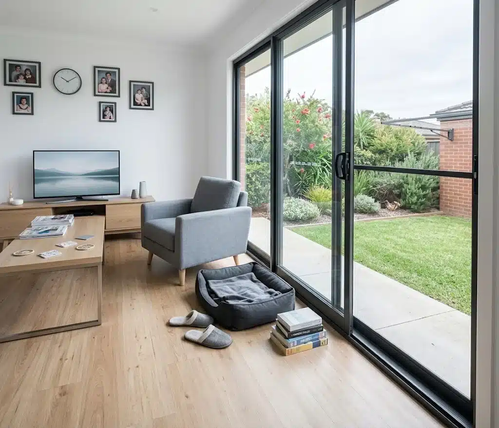 Same family room after a wide modern aluminium sliding door was fitted