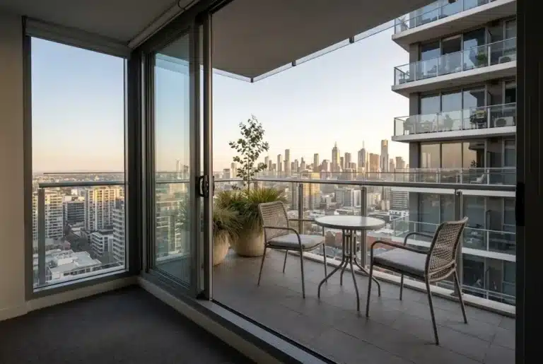 Aluminium sliding door open to a compact apartment balcony in Leppington