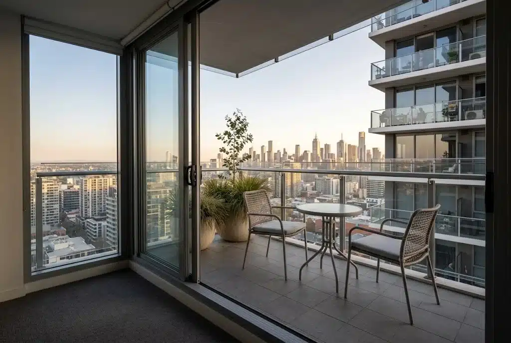 Service Areas 11 Aluminium sliding door open to a compact apartment balcony in Leppington