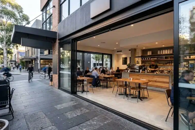 Shopfronts Macarthur 5 Top hung sliding doors slid open across a café frontage in Gregory Hills