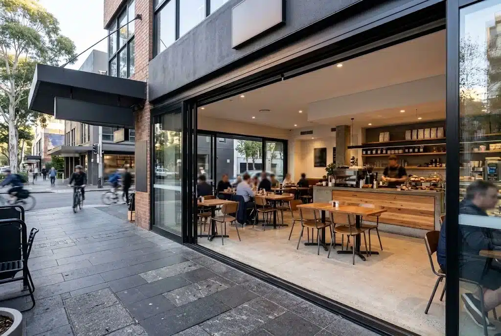How to Maintain Commercial Aluminium Doors 4 Cafe frontage with top hung commercial doors
