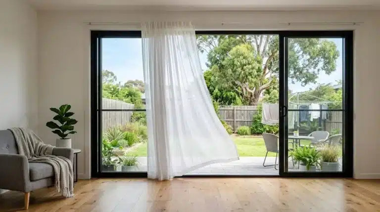 Two panel aluminium sliding door open to a backyard in a Narellan Vale home