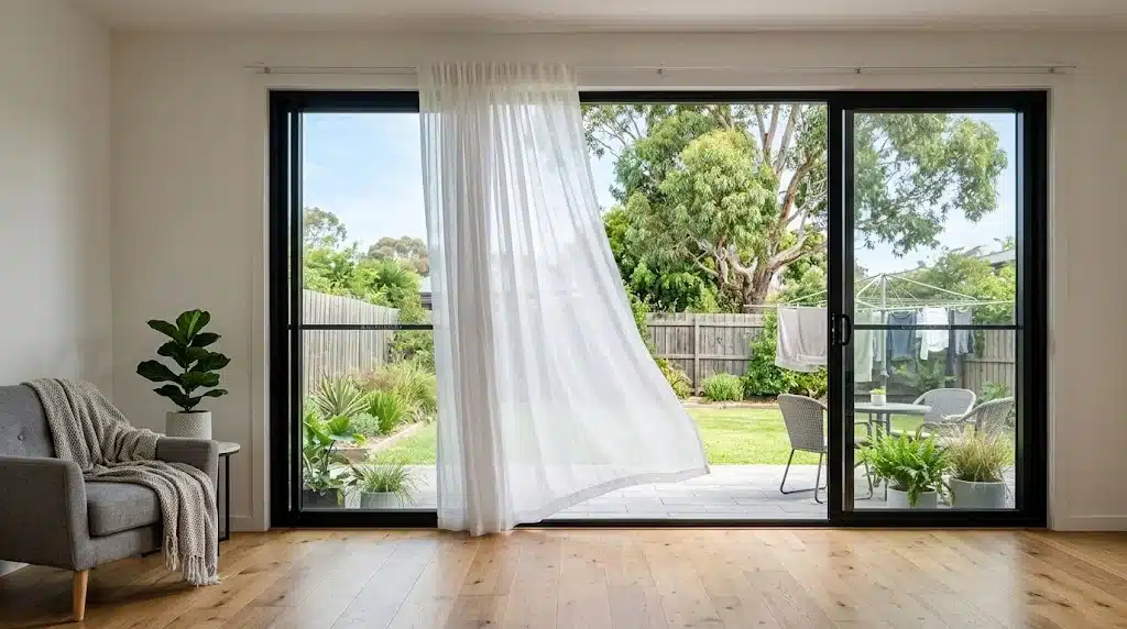 Two panel aluminium sliding door open to a backyard in a Narellan Vale home