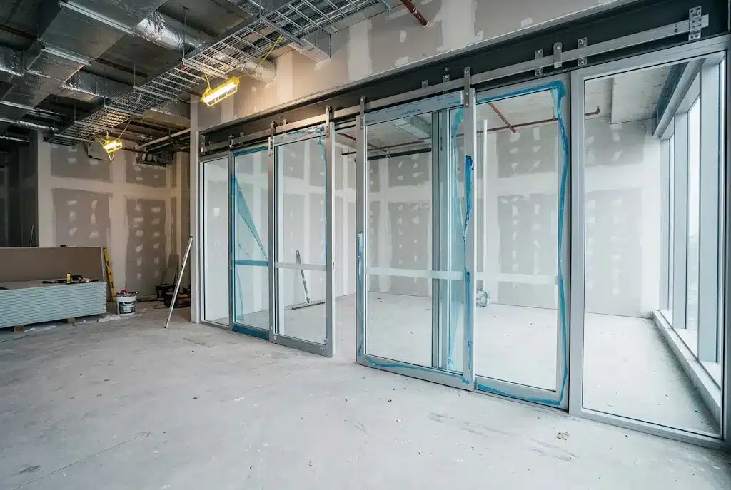 Wetherill Park 8 Tall top hung sliding doors dividing an office lobby in Smeaton Grange