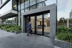 Pair of heavy aluminium commercial doors at a Campbelltown office building entry