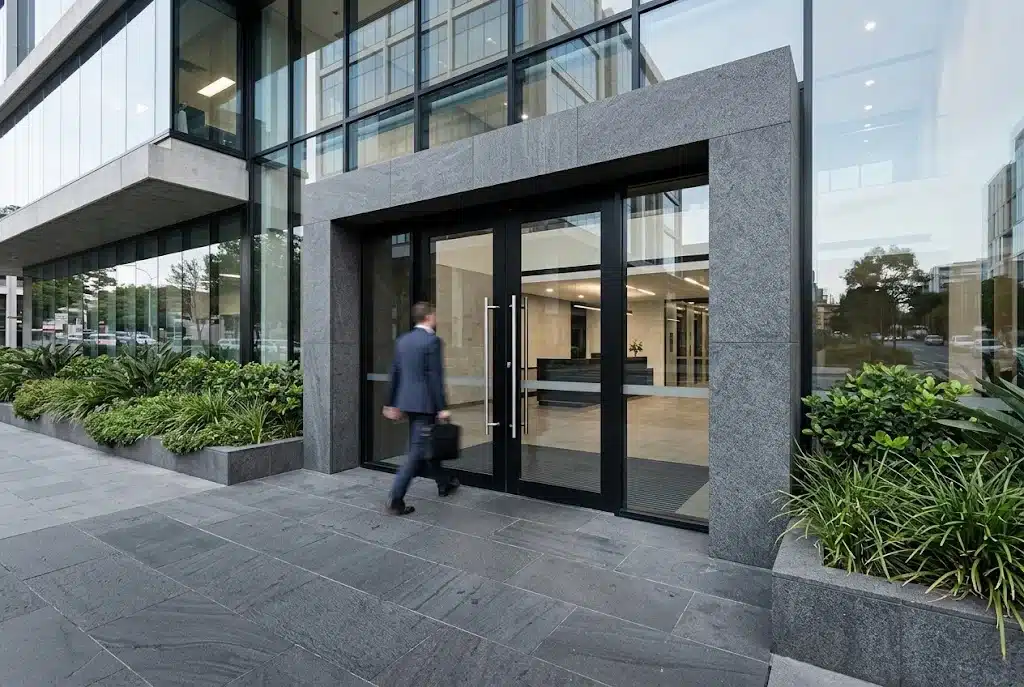 Pair of heavy aluminium commercial doors at a Campbelltown office building entry