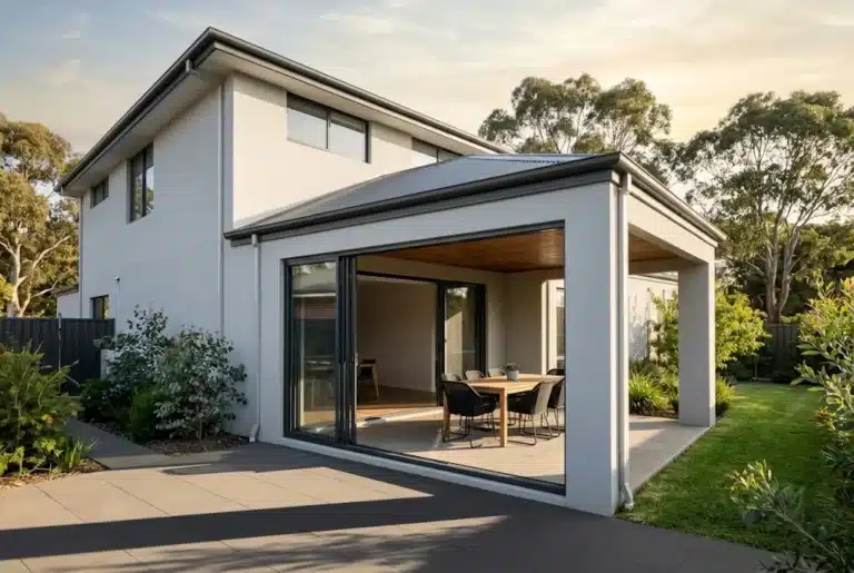 Wide double glazed sliding doors connecting a Harrington Park home to its covered alfresco