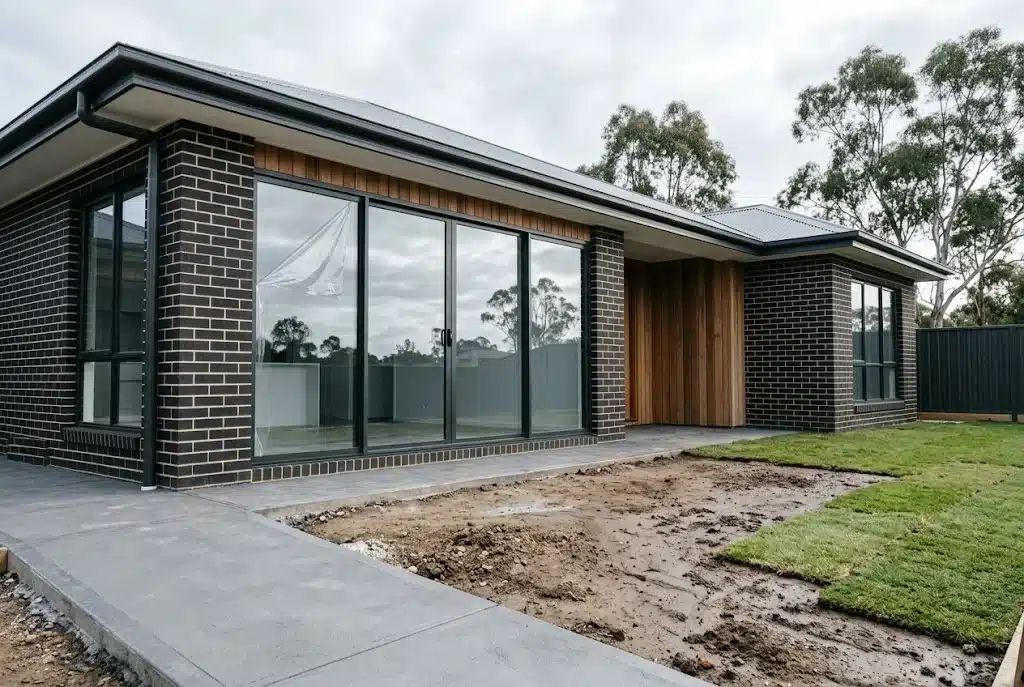 Newly installed double glazed aluminium doors on a Narellan new build