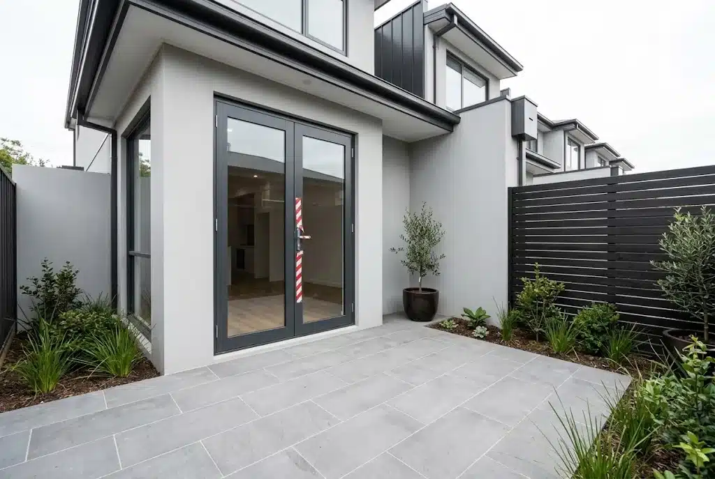 Newly fitted aluminium hinged doors on a Cobbitty townhouse courtyard