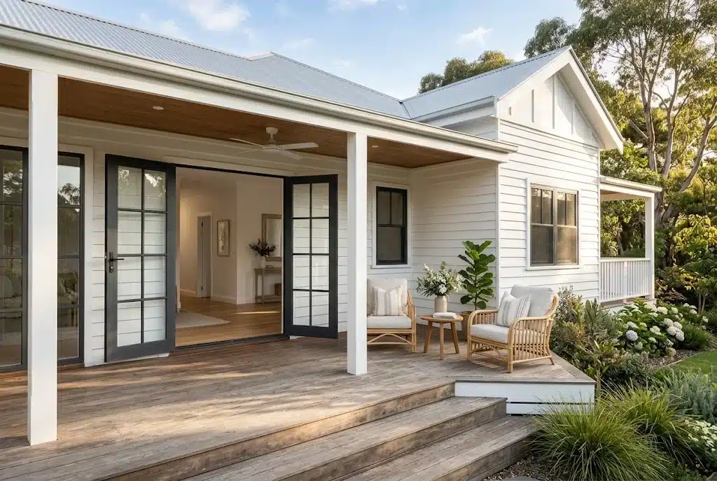 Pair of aluminium hinged doors open from a living room to a garden terrace in Elderslie