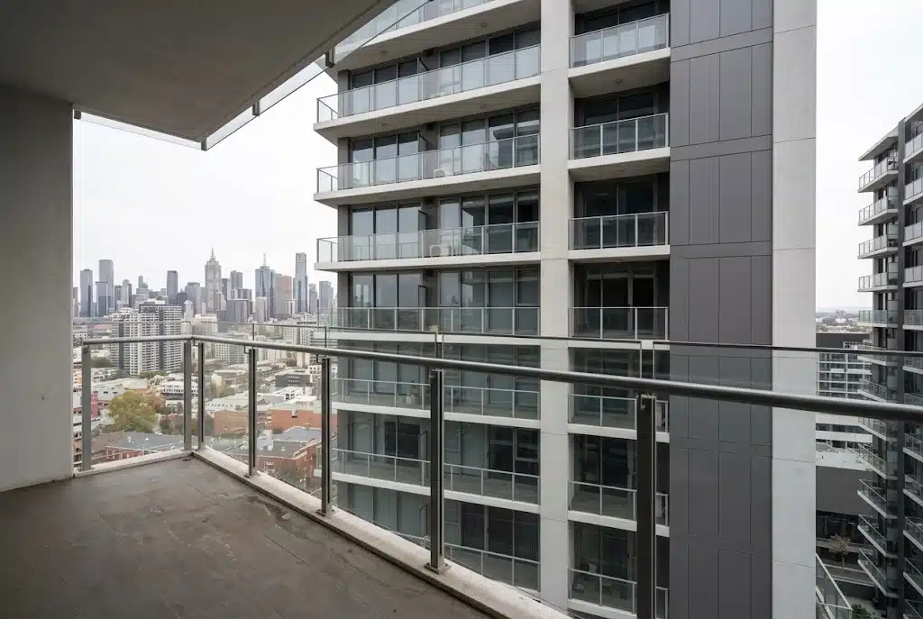 Rows of apartment sliding doors on a newly completed building in Oran Park