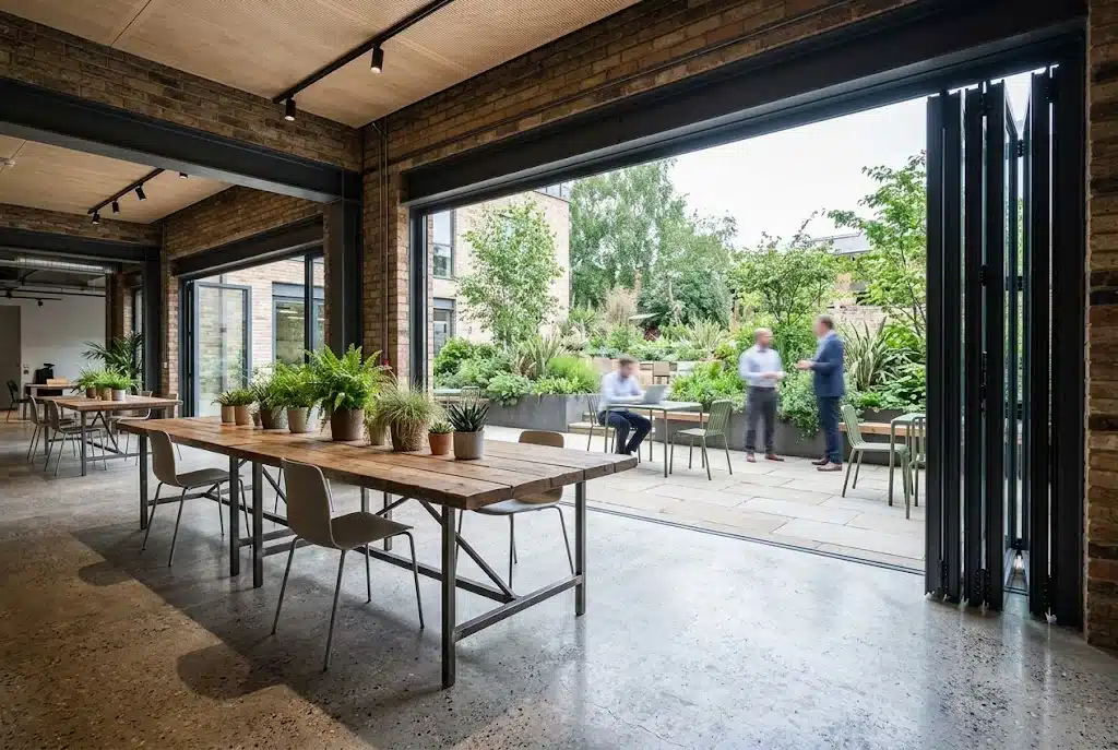 Stacking Doors Macarthur 8 Stacking doors opening an office breakout area to a courtyard in Smeaton Grange
