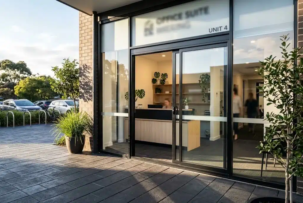 Aluminium sliding door at the entry of a small office suite in Narellan
