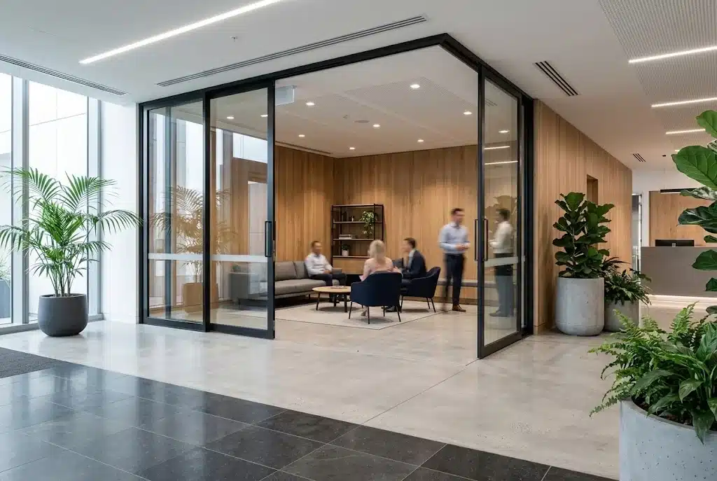 How to Maintain Commercial Aluminium Doors 3 Top hung commercial sliding doors in an office lobby