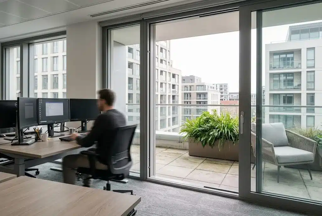 Sliding door onto a small office terrace in a Campbelltown mixed use building