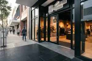 Commercial aluminium entry door on a boutique retail shopfront in Camden