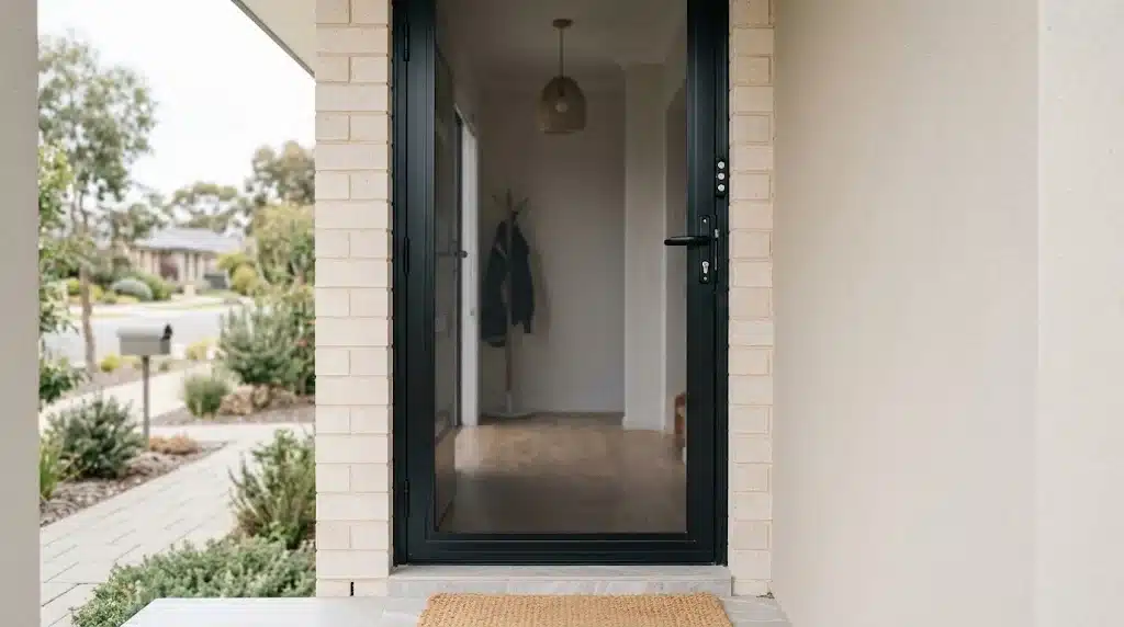 Security Screen Door Cost and What Affects It 2 Stainless steel mesh security screen door on the entry of a Spring Farm home