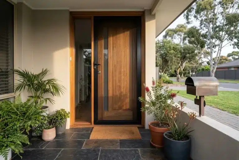 Black security screen door fitted over a timber front door in Narellan