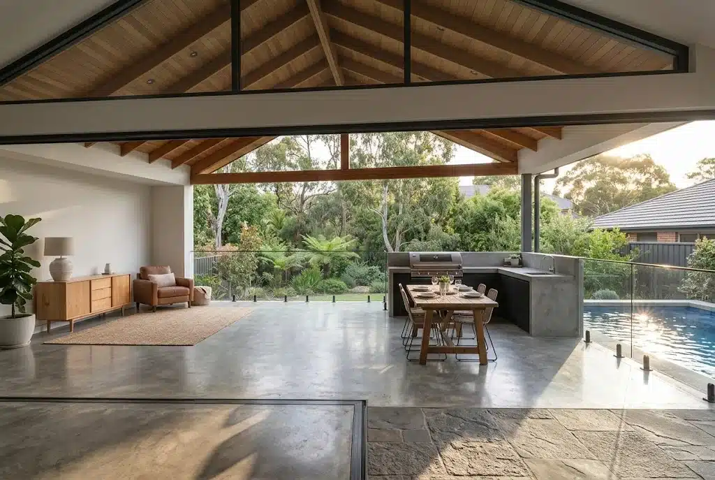 Aluminium stacking doors stacked open to an entertainer's alfresco in Oran Park