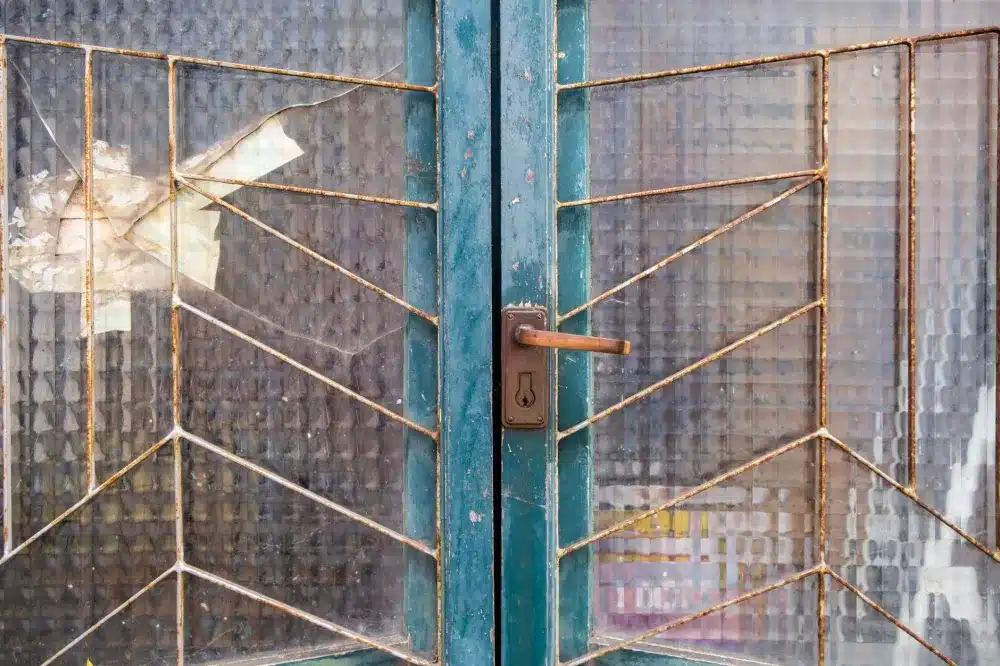 Close-up of toughened safety glass panel used in commercial shopfront glazing